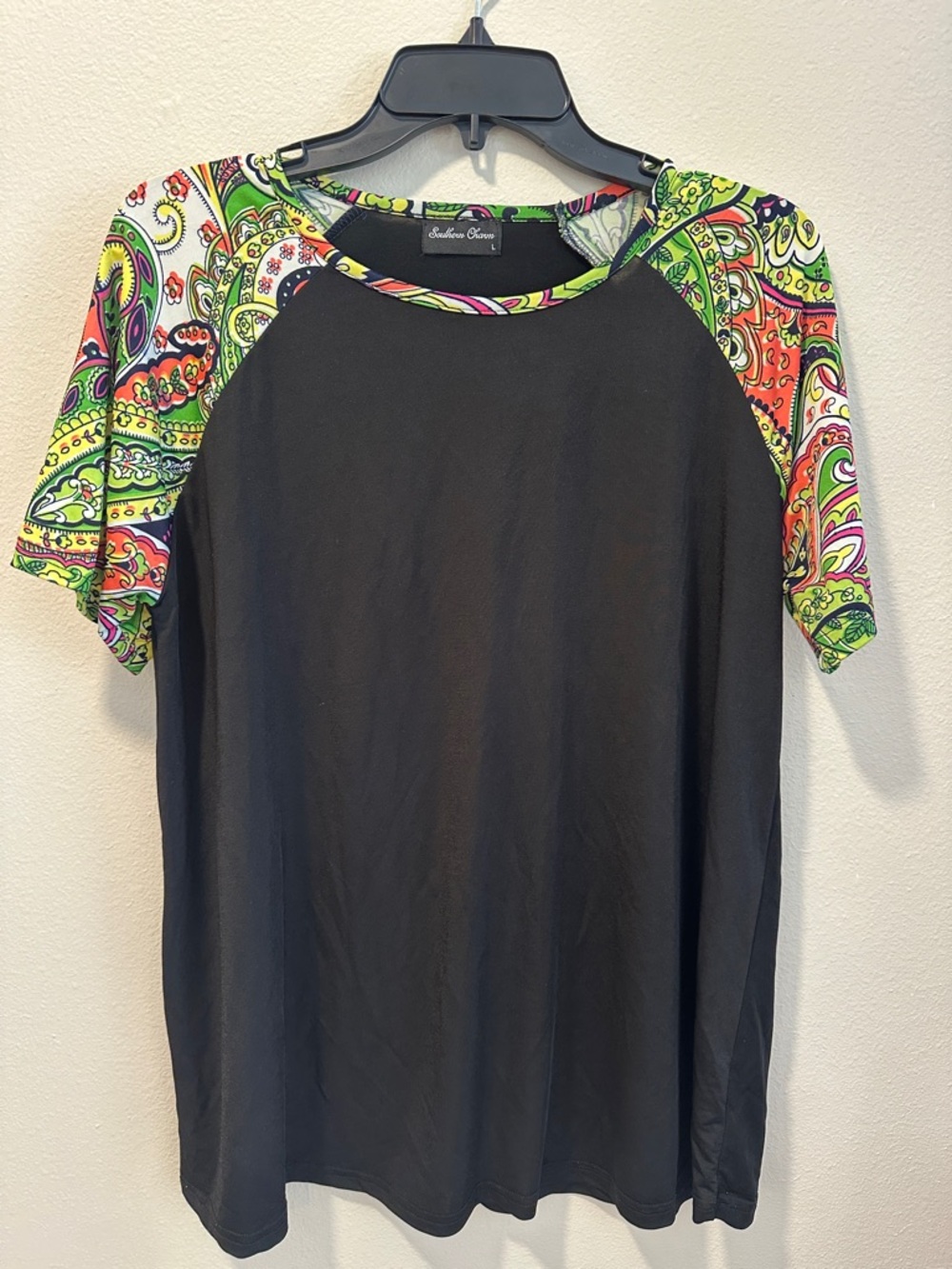 Black Rash Guard Top with Neon Paisley Sleeves